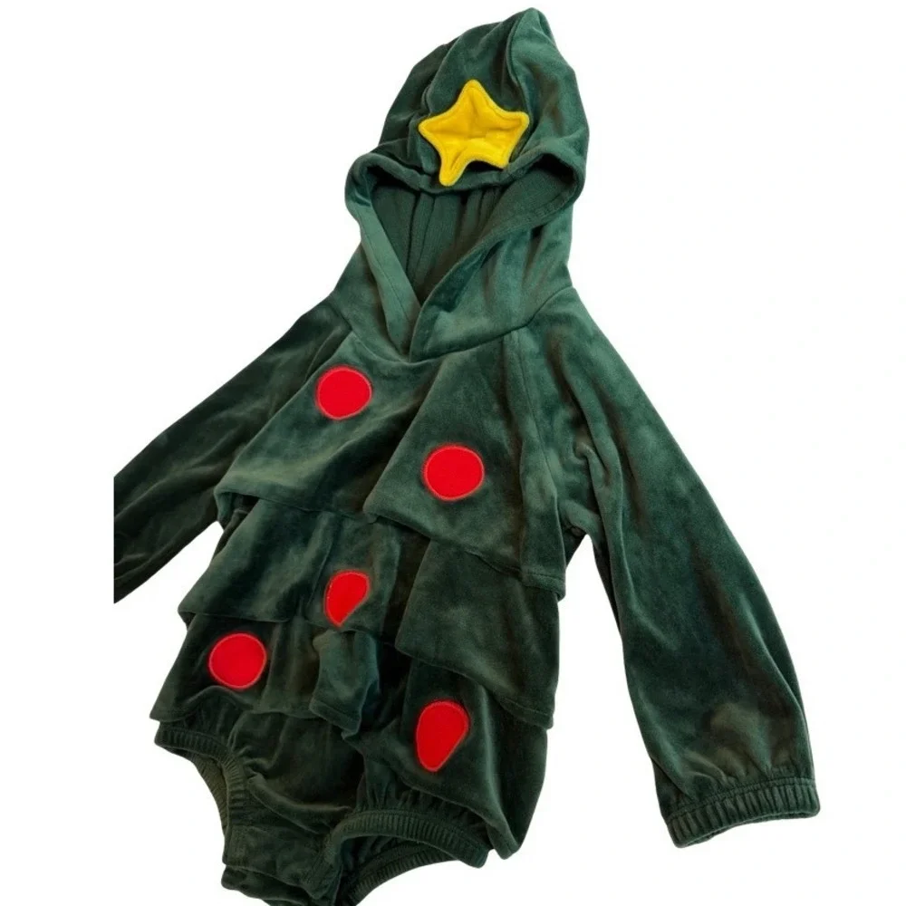 Old Navy Baby Christmas Tree Velour Hooded Bodysuit Green 18-24M Holiday Costume